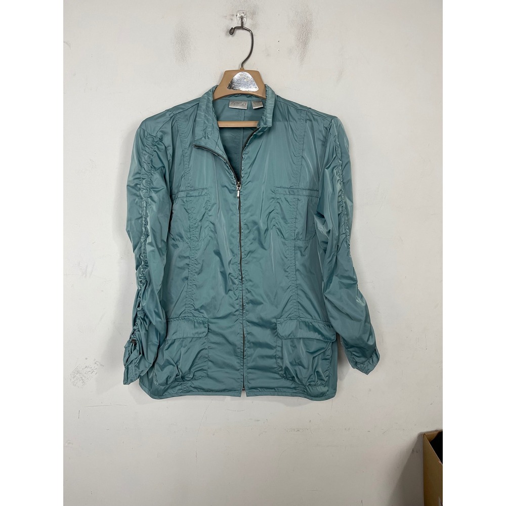 Zenergy by Chicos Teal Blue Ruched Sleeve Full Zip Lightweight Jacket Womens 3